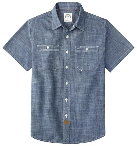Dubinik® Men’s Soft Lightweight Chambray Short Sleeve Summer Breathable Cotton Shirt for Daily Casual Wear Denim Blue Large