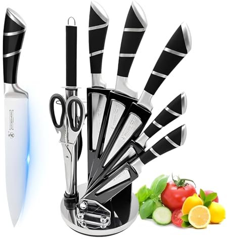 9-tlg Messerset mit Drehbare Acryl Messerblock, Profi Knife Set Scharf Edelstahl Küchenmesser Messerset, Ausgestattet mit Einem Messerschärfer, Küchengeschenke für Familien Geeignet (schwarz)