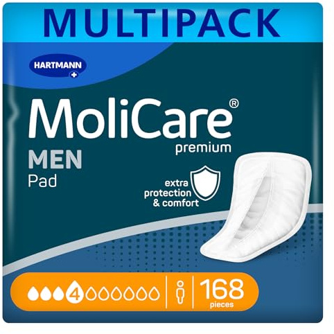 MoliCare MEN Pad 4 droppar diskreta inkontinensinlägg, skydd vid lätt till måttligt läckage, läckageskydd, omedelbar torr känsla, avancerat hudskydd, 168 stycken