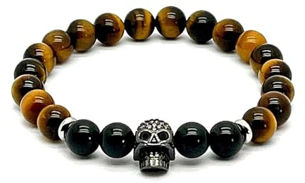 arana's® - Bracciale tormalina nera con teschio e occhio di tigre - Filo elastico con sfere da 8 mm - Pietre preziose energetiche per uomo e donna - Protezione onde elettromagnetiche, 19 cm, Pietra