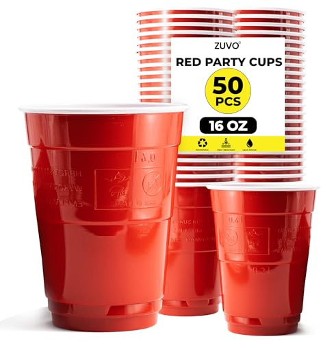 Zuvo Red Party Cups – 16oz Plastic Disposable Cups (Pack of 50) – Durable Red Plastic Cups for BBQs, Birthdays, Events & Beer Pong – Recyclable, Easy to Use, Iconic Party Drinkware