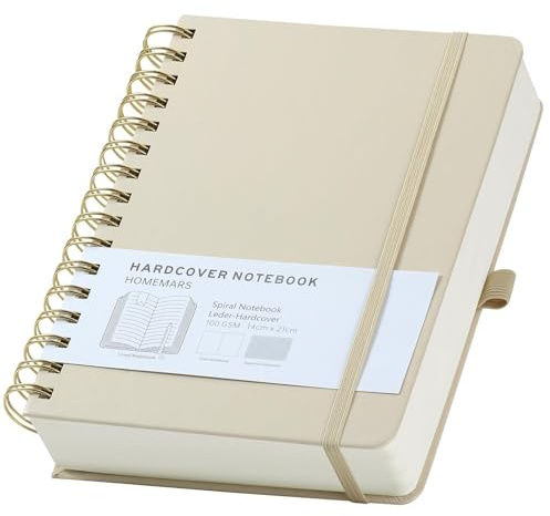 HOMEMARS Cahier A5,Cahier Spirale a5,Carnet de notes,Bloc Note,Carnet Spirale, Pointillé,Carnet Bullet Dotted Journal, 300 Pages, 100 g/m², 14,8 x 21 cm,ivoire, Couverture en cuir