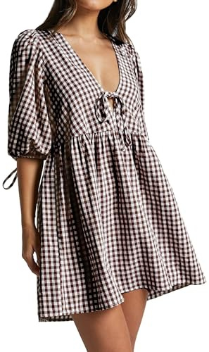 Vestido de verano para mujer, casual, manga 3/4, estampado floral, holgado, con cuello en V profundo, vestido babydoll a cuadros, café, M