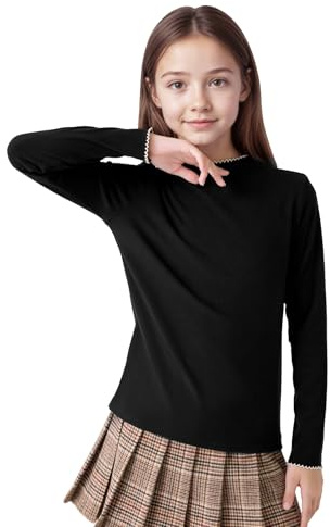 Hoseay Girls Thermal Top Kids Long Sleeve Warm Base Layer Shirt Slim Fit Half Turtleneck Scalloped Undershirt Soft Stretchy Pullover Tee Shirts for Children Casual School 7-8 Years, Black