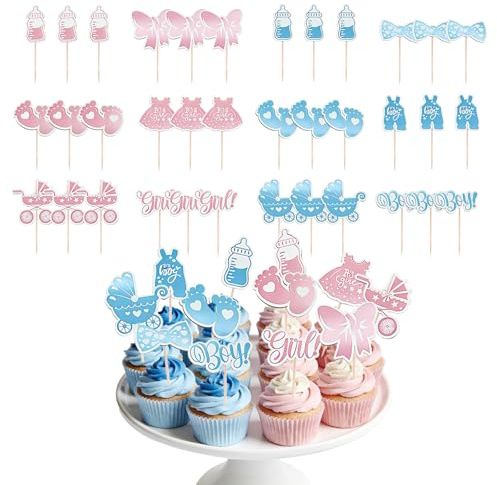 FMPXYYA 36 Pezzi Decorazioni Torta Gender Reveal, Cake Topper Ragazzo o Ragazza Rosa e Blu, Cupcake Topper Baby Shower, Rivelazione di Sesso, Battesimo - Perfetto per La Tua Festa di Sesso Reveal