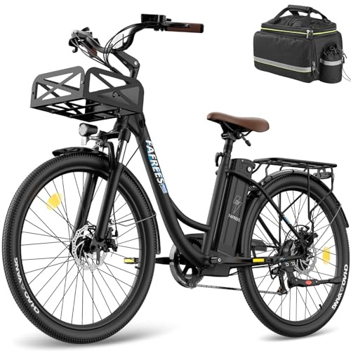 Fafrees 26 Electric Bike for Adults 36V25Ah Removable Battery 250W E-Bike, Up to 120km Long Range, Step-Through Pedal Assist City E Bike with Front Racks, 7-Speed,IP54 Waterproof,Black,Rear Seat Bag