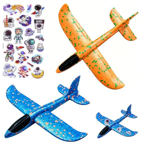 2 Piezas Aviones Juguetes Niños de Poliespan, Aviones Planeador Espuma, Con Pegatina Astronauta, Regalo Juego Aire Libre Jardín Verano, Azul y Naranja