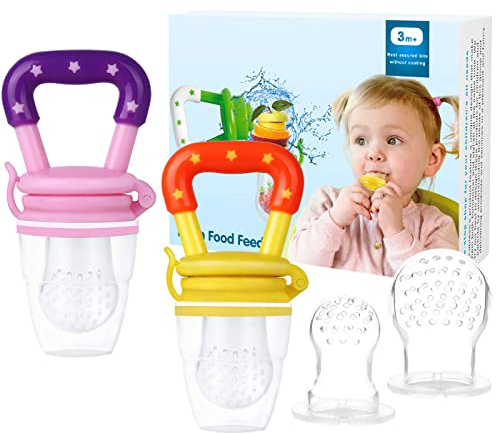 Baby Fruit Feeder by HAOBAOBEI, Frozen Teething Toys for Babies, Fruit Pacifier Feeder with 4 Sizes Silicone Pouches, Eating Essentials, BPA Free Feeding Supplies -2 Pack (Pink Yellow)