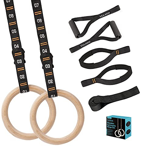 Vulken Wooden Gymnastic Rings with Adjustable Numbered Straps. 1.1'' Olympic Rings for Core Workout and Bodyweight Training. Home Gym Rings 1600lbs with Workout Handles