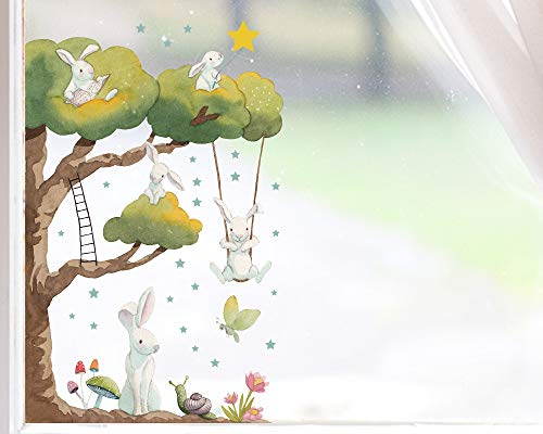 TinyFoxes Fensterbild Rabbits in a Tree - selbstklebend und wiederverwendbar - Fensterbild Ostern - handgezeichnet von Kristin Franke