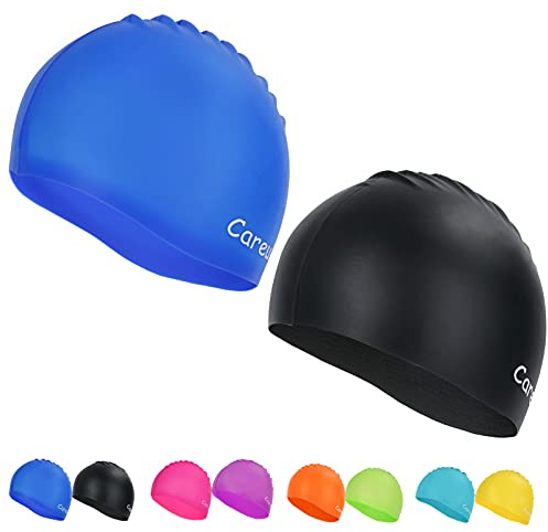 Swim Cap, 2 Pack Durable Silicone Swimming Caps for Kids Girls Boys Youths (Age 2-12), Soft 3D Ergonomic Waterproof Kids Swim Caps, Comfortable Fit for Long Hair and Short Hair