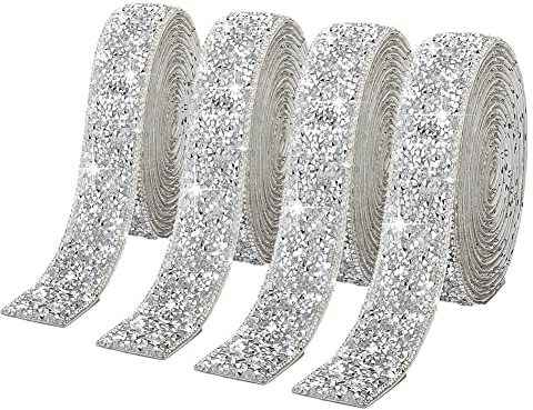 4 Rolls Silver Glitter Resin Rhinestone Ribbons Self-Adhesive Belt Sparkling Diamond Bling Stickers Wrap Crystal Roll for DIY Arts Crafts,10mm