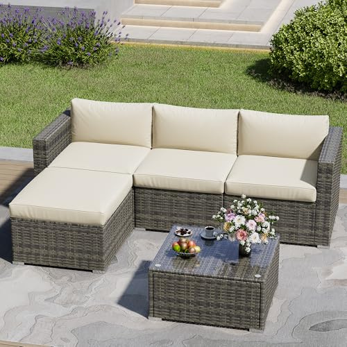 May in Color 5 Piece Outdoor Patio Sectional Furniture Set, Weather Resistant Rattan Outside Couch, Waterproof Conversation Sofa for Balcony, Porch, Backyard, Deck, Garden,Beige