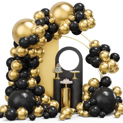 Black and Gold Balloons Garland Arch Kit, 134pcs Black and Metallic Gold Balloons with Different Size for 2026 Graduation Decorations, New Year, Birthday, Anniversary Party Decorations