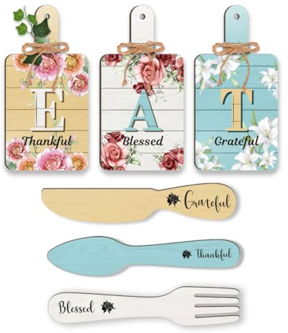 PH PandaHall 6pcs Flower Kitchen Wall Decor Wood Sign, Eat Sign Fork Spoon Wall Decor Hanging Plaques Farmhouse Cutting Board Sign with Hemp Rope for Home Kitchen Dining Living Room Bar Cafe