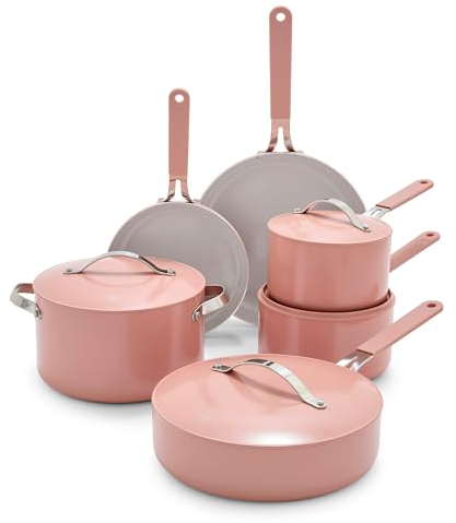 GreenLife 10-Piece Ceramic Nonstick Cookware Set, Dishwasher & Oven Safe, Silicone Stay-Cool Handles, PFAS-Free Ceramic Coated Pots and Pans with Lids, Healthy Kitchen Cooking Set, Dream Dusty Rose