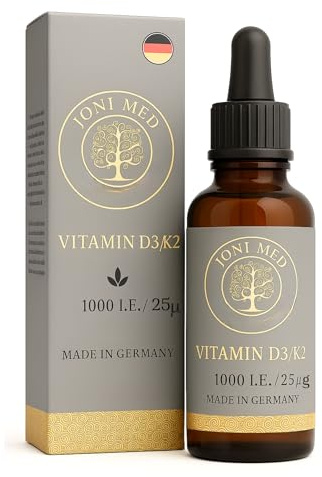 JONI | MED Vitamina D3/K2 gocce – alto dosaggio – 1000 UI / 25 µg per goccia – in olio MCT di cocco per una buona biodisponibilità – scorta lunga 50 ml – Made in Germany