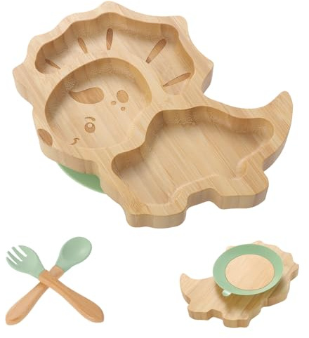 Coptiner Ventouse pour Nourrissons,Set de Vaisselle Bébé,Plateau avec Ventouse,Assiette Enfant,Plateau en Bambou avec Ventouse,Set de Sevrage pour Bébés à Partir de 3 MoisNon Glissant (Dinosaure)