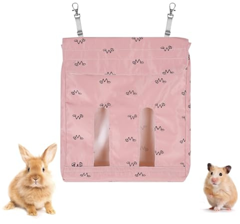 Comedero de heno colgante para conejo, bolsa dispensadora de comida de conejo, bolsa de soporte de heno de fácil limpieza con ventana de apertura de 2 tiras para conejo, chinchillas, animales pequeños