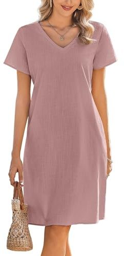 ZEAGOO Femmes Robes D'été Robe en Coton Col en V Robe de Plage à Manches Courtes Casual avec Poches Robes A Ligne Midi Plaine S-XXL