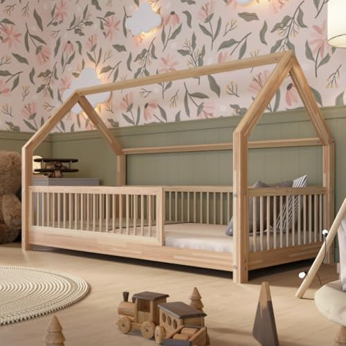 Crazy Pine Hausbett 100x200 cm – Montessori Kinderbett aus stabilem Kiefernsperrholz mit Rausfallschutz – Sicheres Kinderbett, Skandinavisches Design, Leichter Aufbau – Crazy Fiona