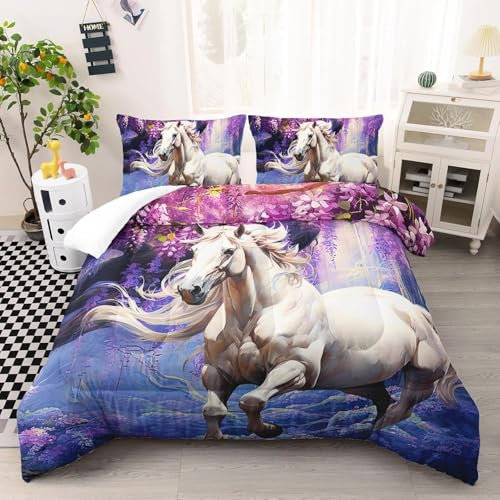 NDXRWDZR Copripiumino Singolo Bambino 135x200 cm Cavallo Bianco In Corsa Set di Biancheria da Letto con Cerniera Nascosta Microfibra de Morbido Traspirante Set Copripiumini e 2 Federe 50x80 cm