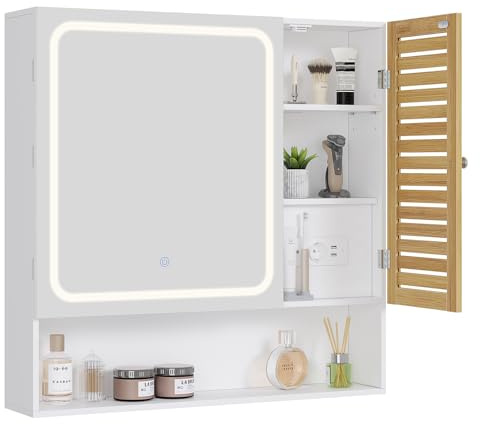FORABAMB Spiegelschrank Bad mit LED-Beleuchtung & Steckdose 80cm Breit, Badezimmerschrank mit HD-Spiegel, Verstellbarer Ablage, Berührung Sensorschalter, Badschrank, für Badezimmer, 80×16×77cm, Weiß
