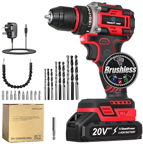 C P CHANTPOWER 40Nm Brushless Cordless Drill Set, 20V Power Drill Driver Kit with 2.0Ah Battery and Charger, 10mm Metal Chuck, Electric Drill Set, 2-Variable Speed, 25+1 Torque and 22pcs Accessories