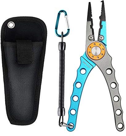 SAN LIKE Alicates para Pesca Deportiva de Agua Salada, Juego de Alicates de Pesca Multifunción para Pesca con Señuelos Artificiales, Tijeras de Pesca Accesorios con Cordón Extensible, Sacadera Pesca