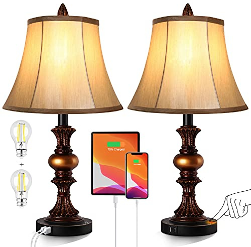Touch Control Traditional Table Lamp Set of 2, Vintage Bedside Lamps with Dual USB Charging Ports, 3-Way Dimmable Bronze Finish Desk Lamps with Bell Shape Faux Silk Shade for Living Room, Bedroom
