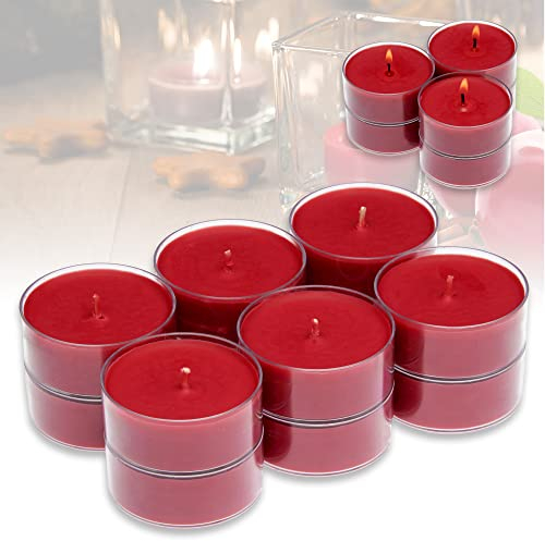 Candelo 12er Set XXL Duft Kerzen - Duftteelichter Bratapfel - Jumbo Teelicht Kunststoff Hülle - 8 Std Brenndauer - Große Teelichter Bordeaux Rot