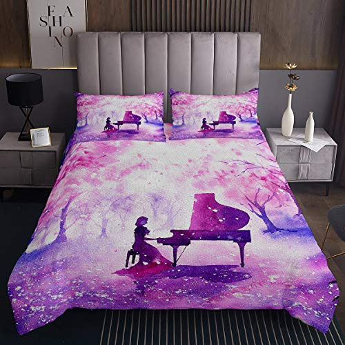 Juego de edredón de Piano para niña,teñido Anudado púrpura,Juego de edredón de Acuarela para niños y Mujeres,Instrumentos Musicales,Acolchado,3 Piezas,King