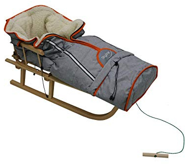 Slitta in legno per bambini con schienale, slittino Davoser, slitta in legno, con cintura di sicurezza, schienale e sacco nanna invernale (sacco a pelo naturale/grigio)