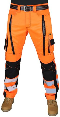 RAK Pantalon de sécurité pour homme avec bande haute visibilité sur le devant Grande fermeture éclair pour ventilation d'air Poches genouillères Triple couture Multi poches avec porte-outils