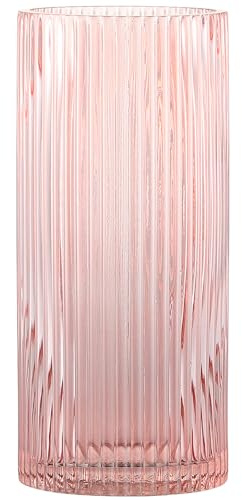 YANWE1 Pink Glass Vase for Flowers Ribbed Glass Vase, Pink Flower Vase, Tall Cylinder Glass Vases for Centerpieces, Living Room, Bedroom, Dining Table, Office, Wedding, Bookshelf Decoration,10 Inches