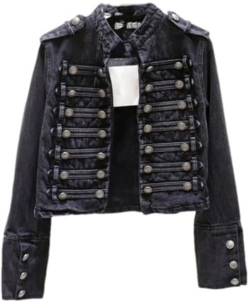 Hndudnff Chaquetas de mezclilla con cuello alto militar para mujer, chaqueta de mezclilla corta de doble botonadura