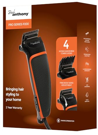 Paul Anthony 'Pro Series P200' Corded Hair Clipper- Lightweight - Self Sharpening Stainless Steel Blades - 4 Interchangeable Comb Guides - Precision Taper - Powerful Quiet Motor - Black/Orange - H5124