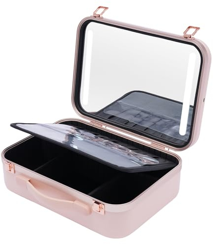 Sminkväska, kosmetikväska, sminkväska, skönhetsfodral för kvinnor, makeup, kosmetikväska, nagelväska, frisörväska med lampor och speglar för resor, rosa, USB-uppladdningsbar, stor kapacitet, 1