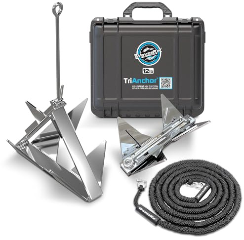 WAVESRX 12lb TriAnchor - Stainless Steel Folding Anchor with 14ft AnchorMate Bungee Line (14'-50') | Effortless Anchoring for Jet Skis, Dinghies & Skiff Boats | Unique Folding Design with Storage Case