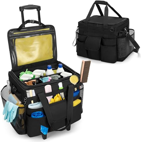 LoDrid Rolling Cleaning Caddy with Lid, Cleaning Supplies Organizer with Detachable Trolley, Cleaning Caddy Cart on Wheels with Handle and Shoulder Strap for Housekeepers, Black, Bag Only