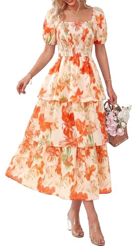BTFBM Womens Square Neck Smocked Dress Summer Puff Short Sleeve Floral Casual Ruffle Tiered Maxi Wedding Guest Dresses(Floral Apricot Orange, Large)
