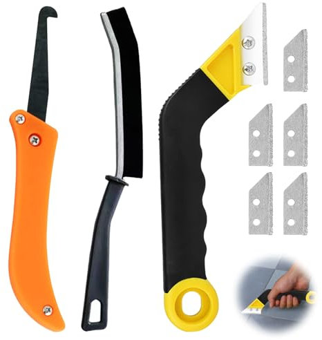 Huybaa 8PCS Rascador Juntas Azulejos, Removedor de Lechada con 5 Cuchillas de Repuesto y Cepillo de Aleación, Herramienta Profesional para Limpieza de Azulejos de Baño y Cocina