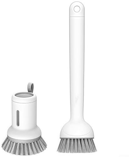 2 cepillos para lavavajillas de cocina con dispensador de jabón y agarre ergonómico para una fácil limpieza (blanco)