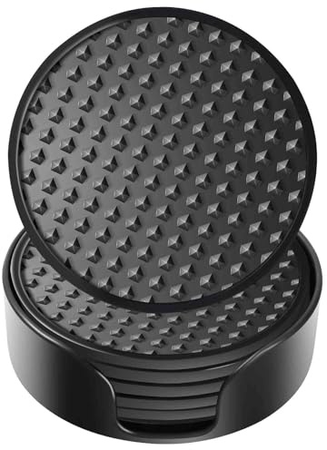 Silicone Coasters 6 Pack with Holder, Drink Coasters Set for Hot & Cold at Bar, Desk, Tabletop-Protection, Round Cup Mat Non-Slip for Any Cups, Thickened Non-Stick Deep Tray Coffee Table Decor,Black
