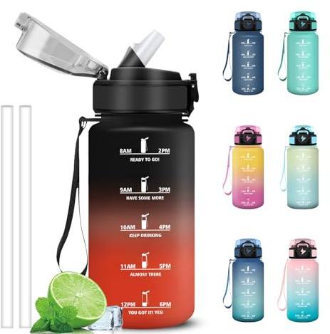 Grsta Borraccia 500ml, Borraccia Bambino con Cannuccia, Facile da Pulire, Bottiglia Motivazionale con Indicatore del Tempo, A Prova di Perdite Borracce per Scuola, Trekking, Outdoor