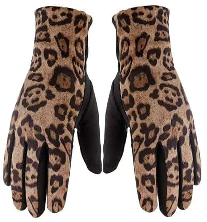 Women-Winter-Leopard-Print-Gloves - Warm Velvet Gloves with Touchscreen for Cold Weather Riding Driving, Khaki, Medium