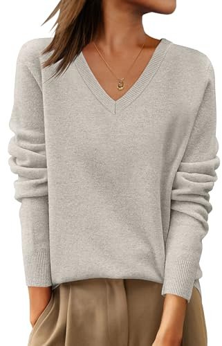 ANRABESS Womens 100% Wool Sweaters V Neck Long Sleeve Work Business Casual Basic Pullover Sweater Tops 2025 Fall Outfits Apricot Large