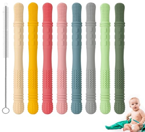 OIXYAZ OIXYA mordedor bebe refrigerante,Tubos de dentición para bebés, mordedores bebes 3-6meses,anillo de dentición de silicona sin BPA, (8 piezas), cepillos de limpieza,ayuda para la dentición bebé