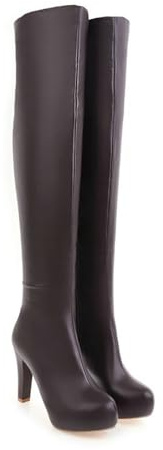 KUHAOFEU Femmes Plate-Forme Bloc Talon sur Le Genou Bottes Épais Talon Haut Sexy Cuisse Haute Bottes Longues,Marron,34 EU