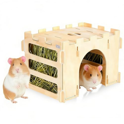 BAIFULAI hövulka marsvin, 31 × 21 × 21,5 cm hörack kanin av naturligt trä, tunnelslott, hötävla för marsvin, chinchilla, kaniner och hamstrar, kaniner tillbehör kanintillbehör